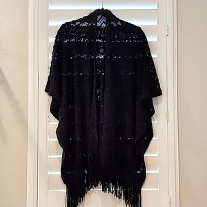 Black Knitted Open Cardigan Pancho w/Fringe